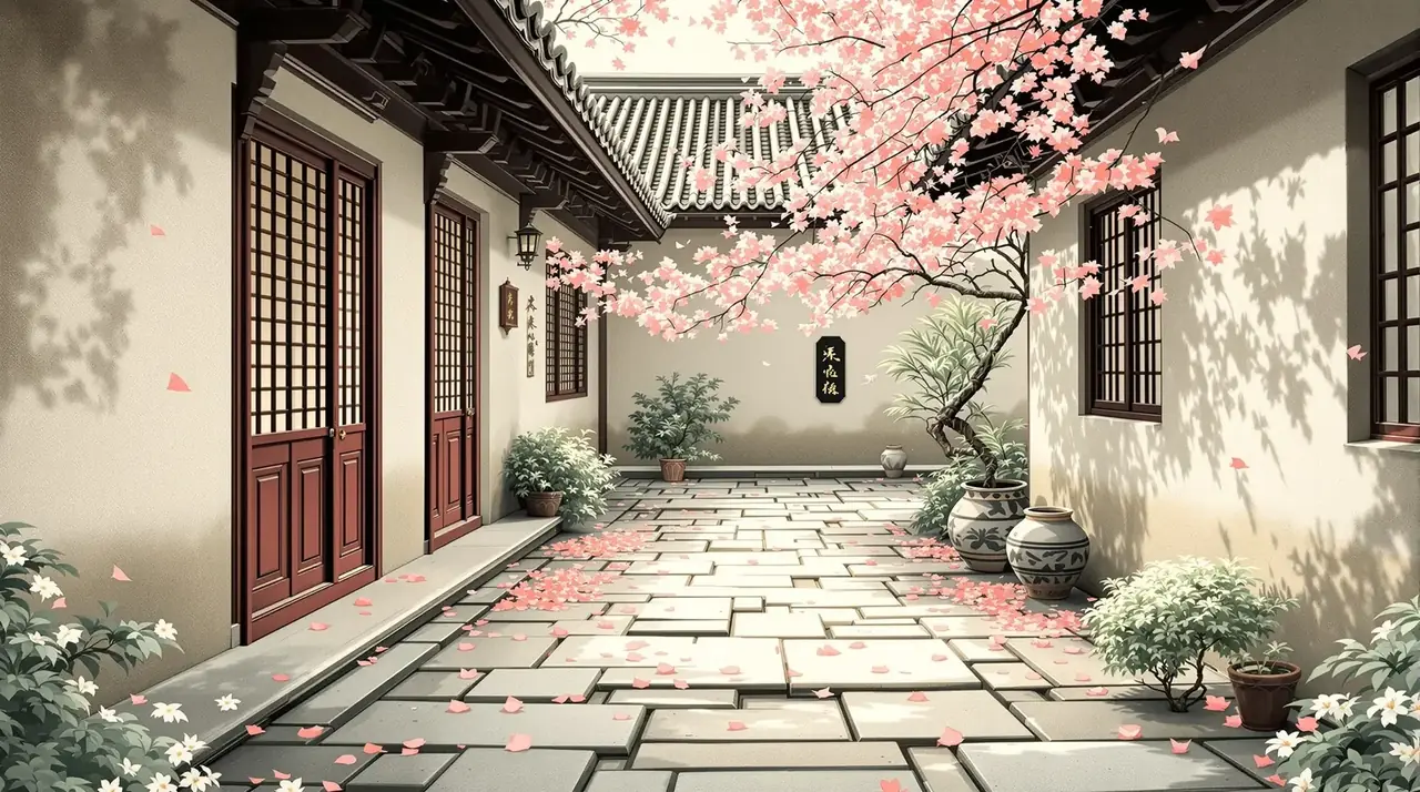 南瓜电影 落英庭院主题插画背景