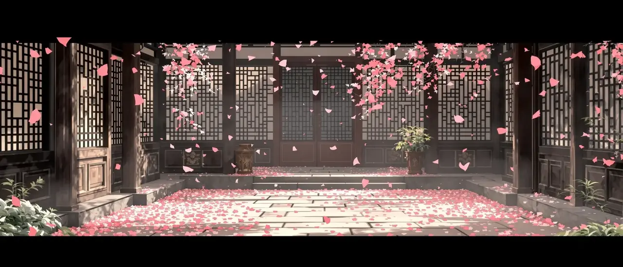 落英时节又逢君 庭院花雨场景插画