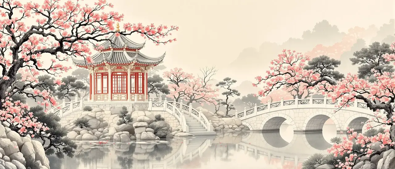 牡丹亭外 亭台石桥场景插画